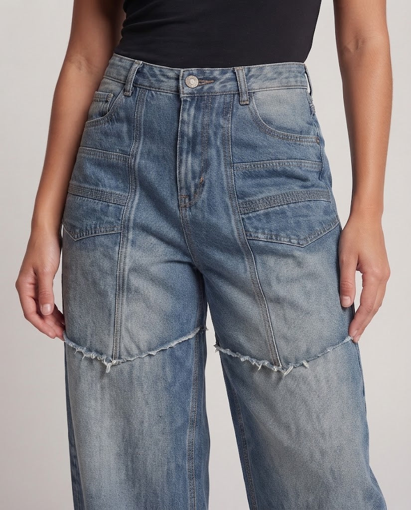 Women Extra Wide Patchwork Denim Palazzo Pants with Drop Crotch and Distinctive Seam Panels Chichicherry