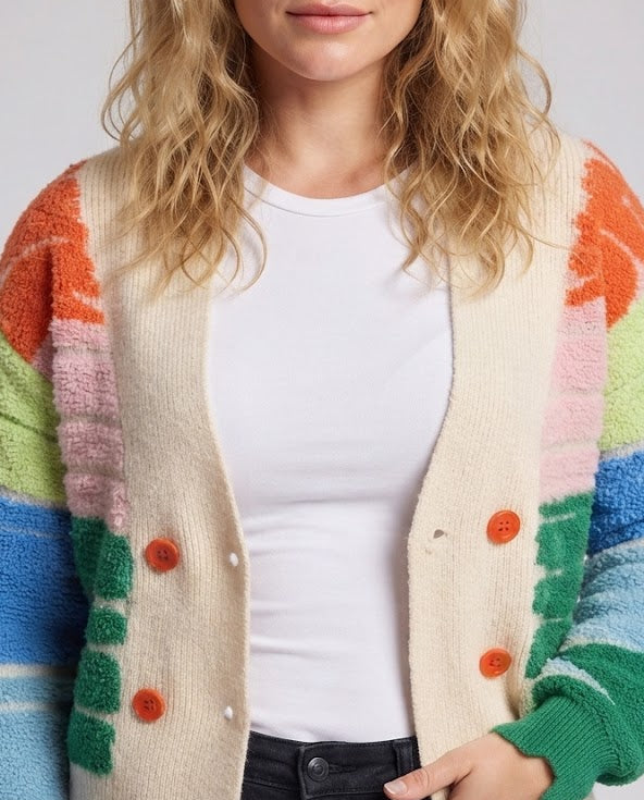 Women's Short-Cut Double-Breasted Cardigan with Structured Intarsia Chichicherry
