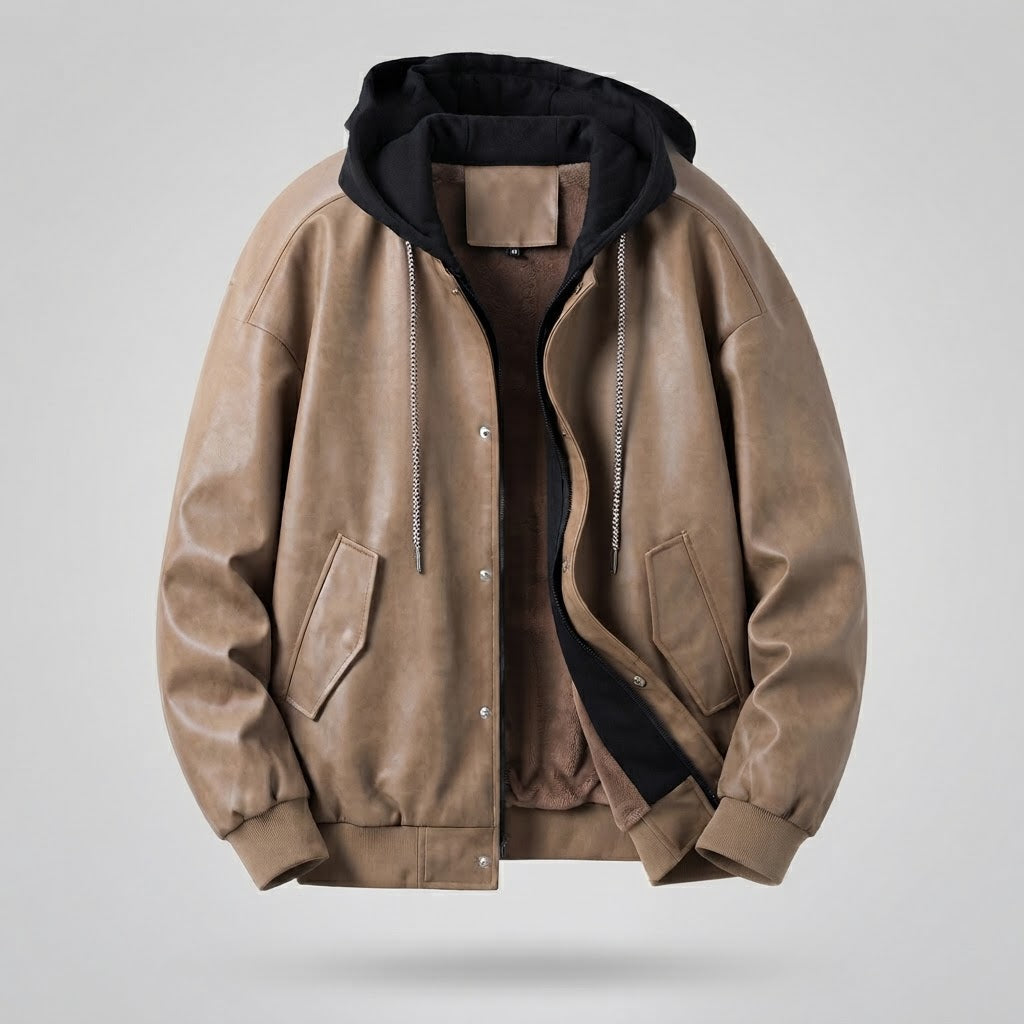 Men's Stylish Faux Leather Jacket with Hood Chichicherry
