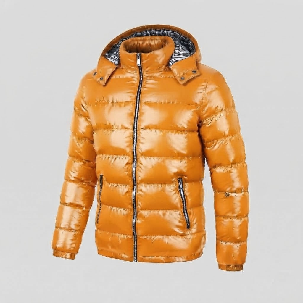 Men's Glossy Quilted Jacket with Hood, Striped Lining & Contrast Zippers Chichicherry