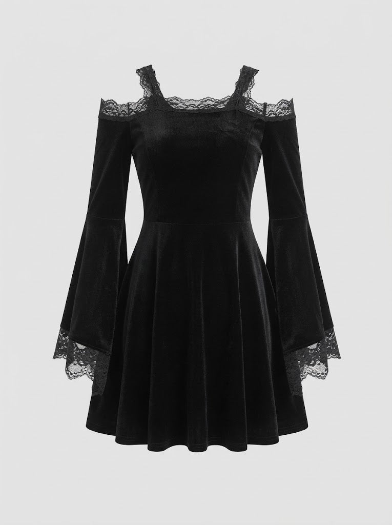 Women's Gothic Dress with Voluminous Sleeves and Lace Accents Chichicherry