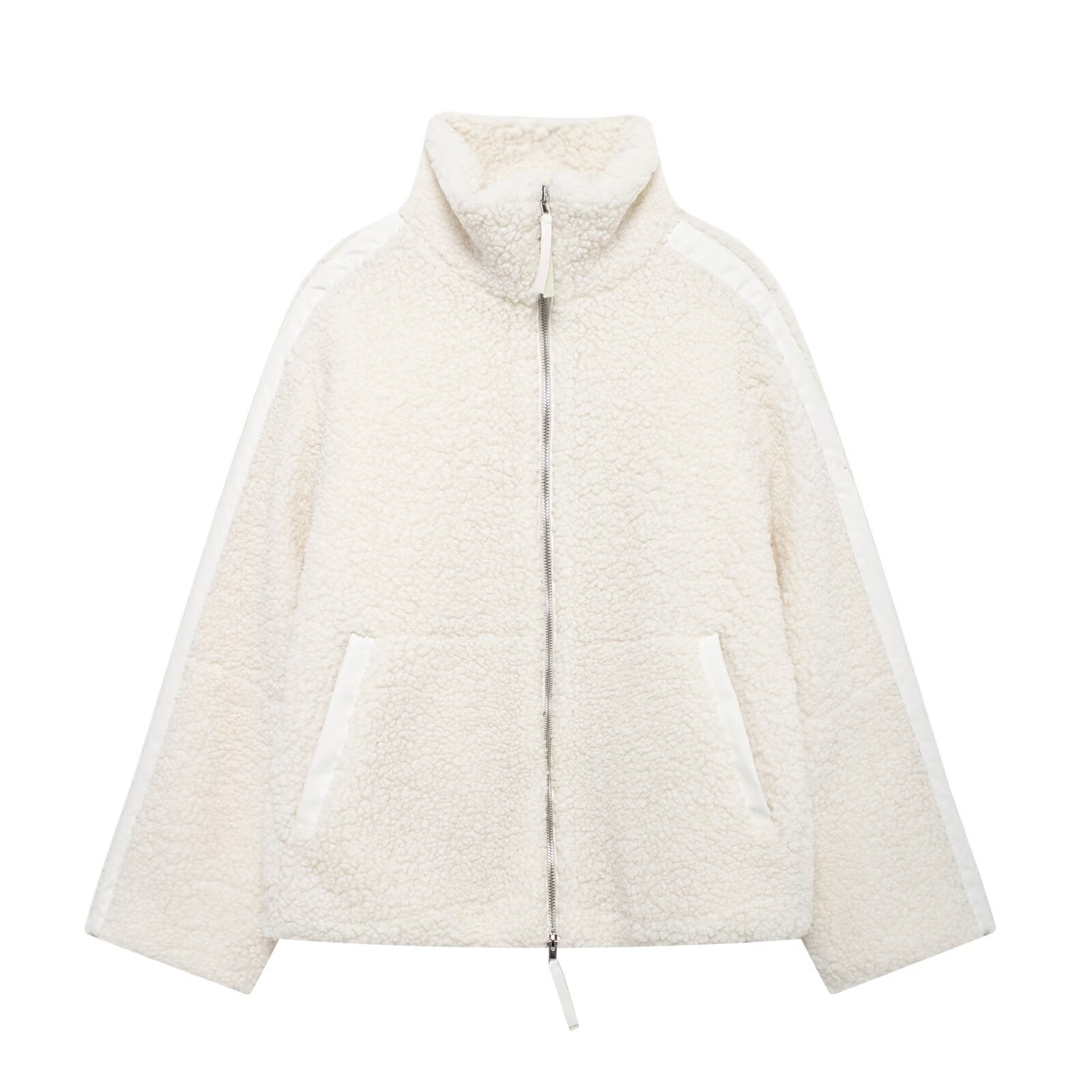 Ladies Teddy Fleece Jacket, Stand Collar, Zipper, Oversized