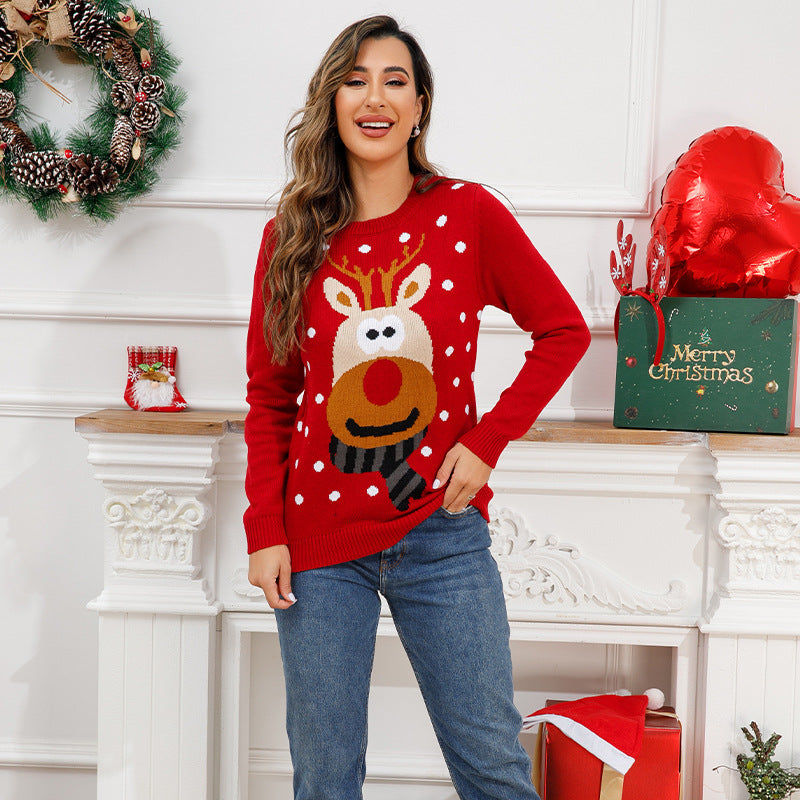 Knit pullover with reindeer jacquard pattern