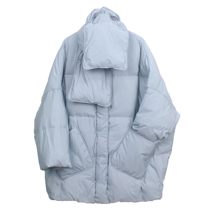 Women's down coat with scarf, medium length, loose fit