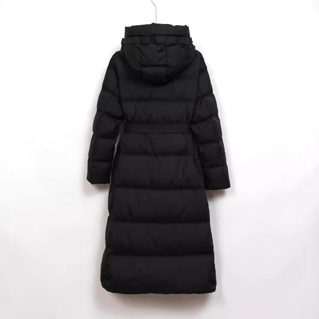 Long down coat with hood, fitted, knee-length