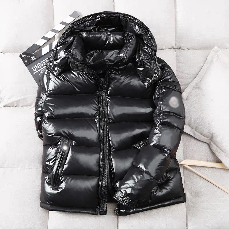 Short men's down jacket, hood, white duck down