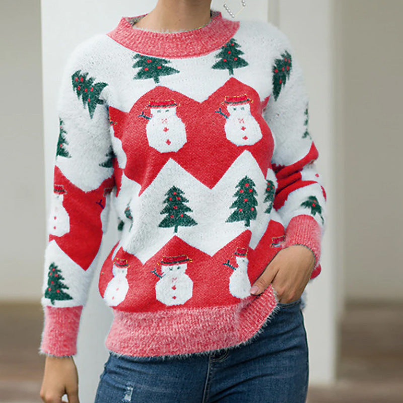Women’s knitted pullover with round neck and snowman motif