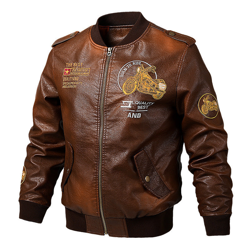 Men's Faux Leather Bomber Jacket in Aviator Style with Motorcycle Embroidery, Shoulder Epaulettes, and Flap Pockets Chichicherry
