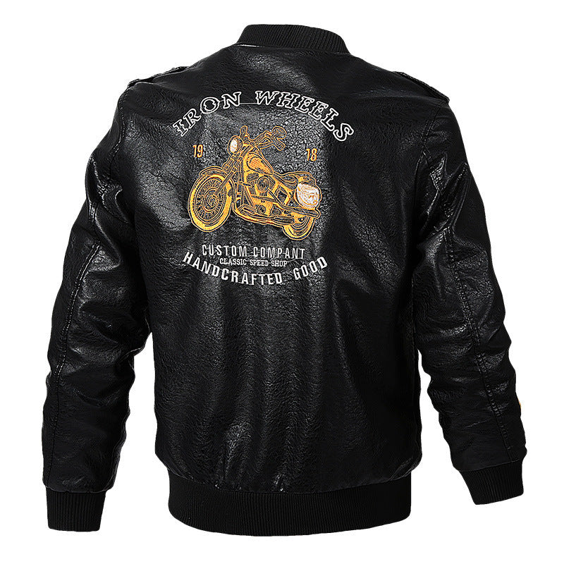 Men's Faux Leather Bomber Jacket in Aviator Style with Motorcycle Embroidery, Shoulder Epaulettes, and Flap Pockets Chichicherry