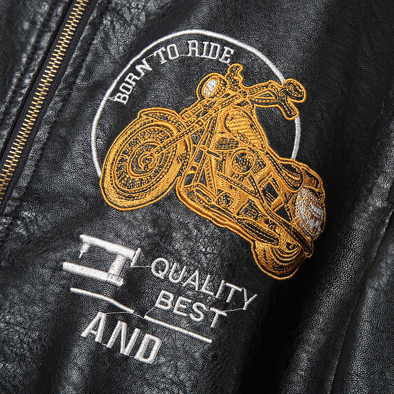 Men's Faux Leather Bomber Jacket in Aviator Style with Motorcycle Embroidery, Shoulder Epaulettes, and Flap Pockets Chichicherry