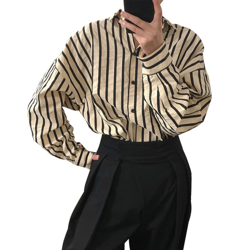 Women Striped Oversized Shirt Blouse with Drop Sleeves and Button Cuffs Chichicherry