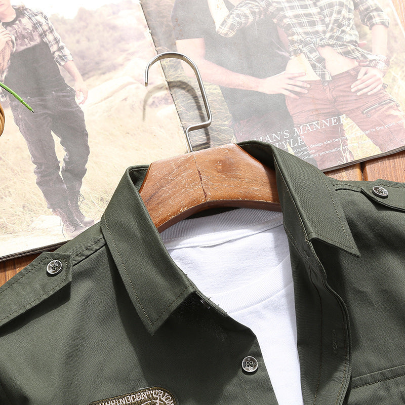 Men's military utility shirt jacket with flap pockets, shoulder epaulettes, and subtle patch application Chichicherry