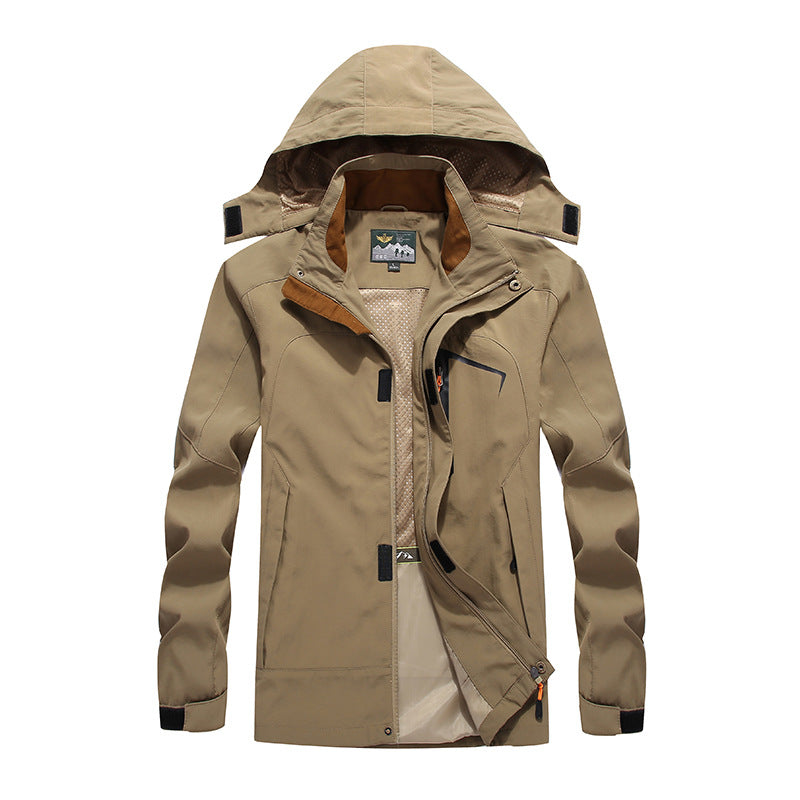 Men's waterproof softshell outdoor jacket with hood, breathable mesh lining, and concealed zipper elements Chichicherry