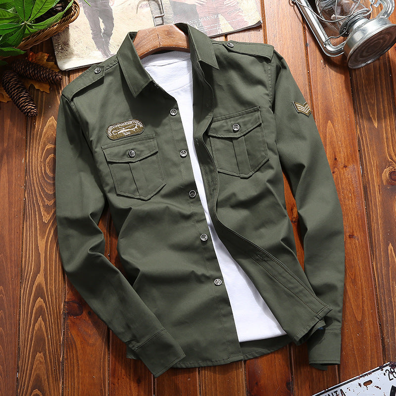 Men's military utility shirt jacket with flap pockets, shoulder epaulettes, and subtle patch application Chichicherry
