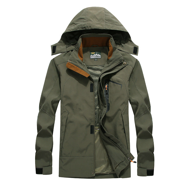 Men's waterproof softshell outdoor jacket with hood, breathable mesh lining, and concealed zipper elements Chichicherry