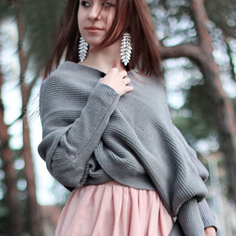 Damen Oversize Schulterfreier Wickelstrickpullover aus Rippstrick Drune