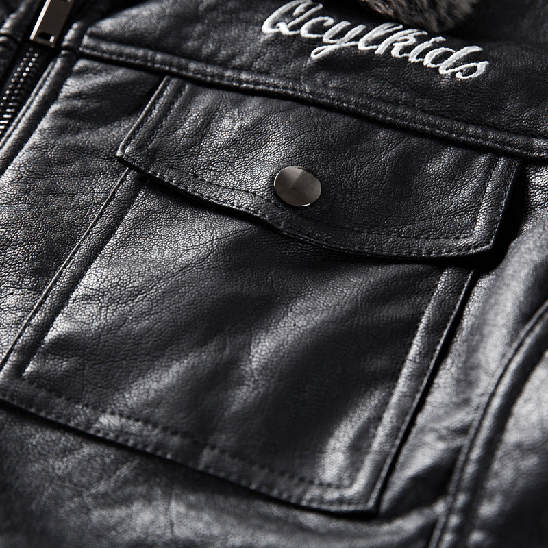 Men's leather imitation jacket with faux fur collar and military badges Chichicherry