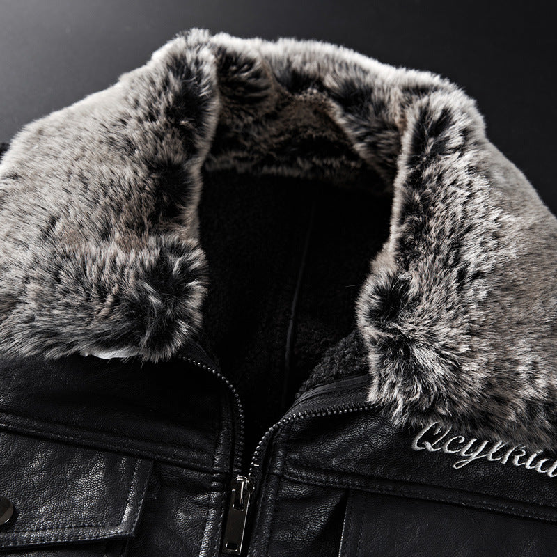 Men's leather imitation jacket with faux fur collar and military badges Chichicherry
