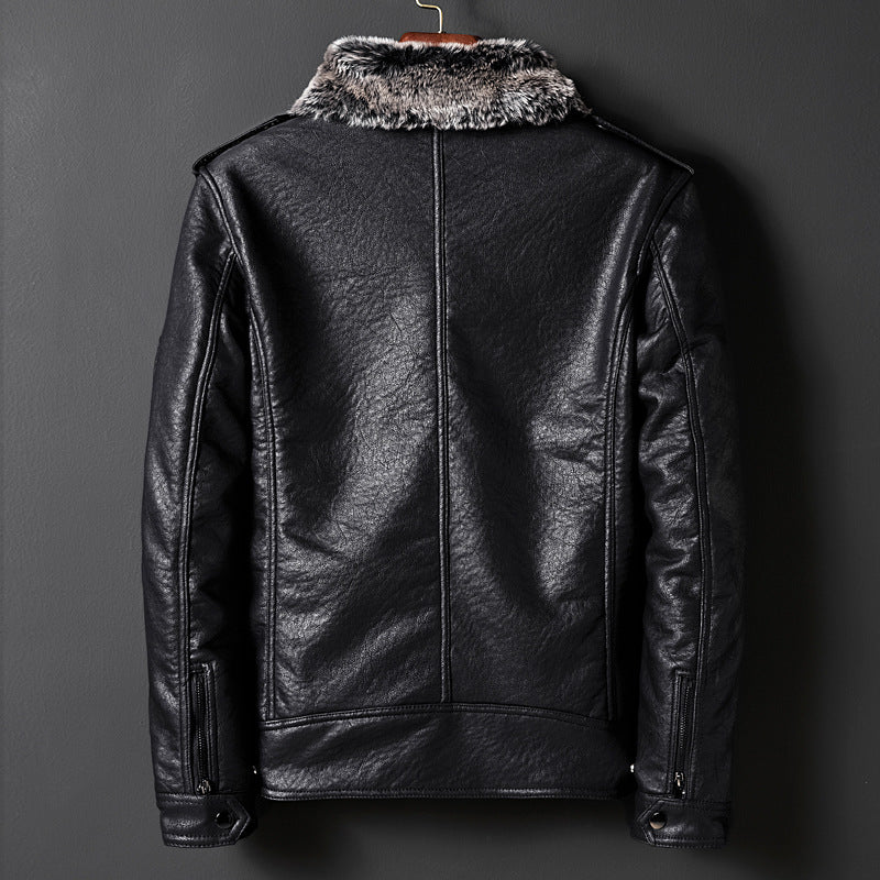 Men's leather imitation jacket with faux fur collar and military badges Chichicherry