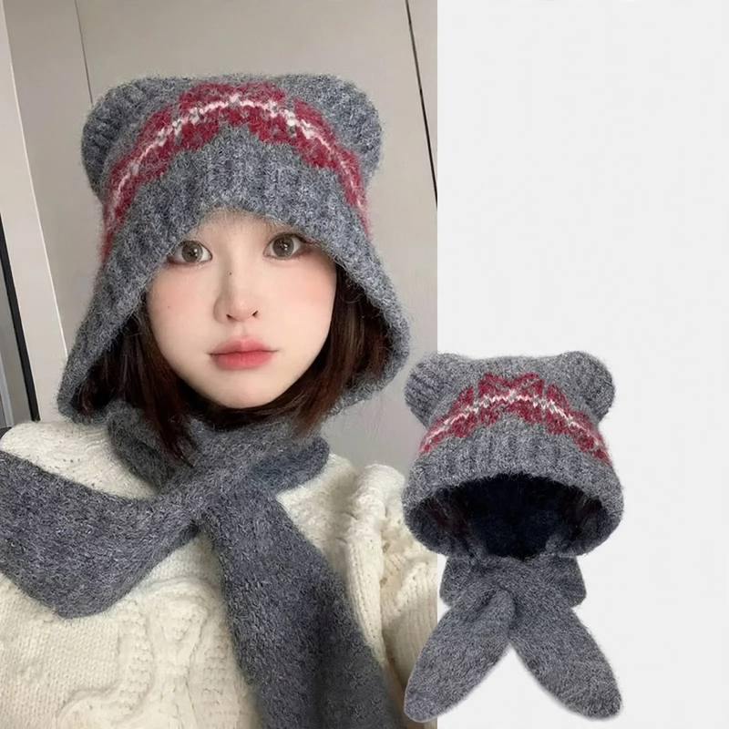 Knit cap with scarf, bear design, women, winter
