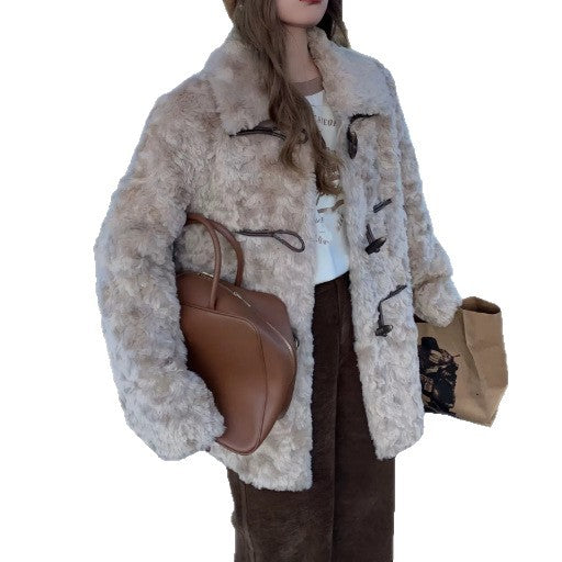 Loose faux fur coat with toggle buttons