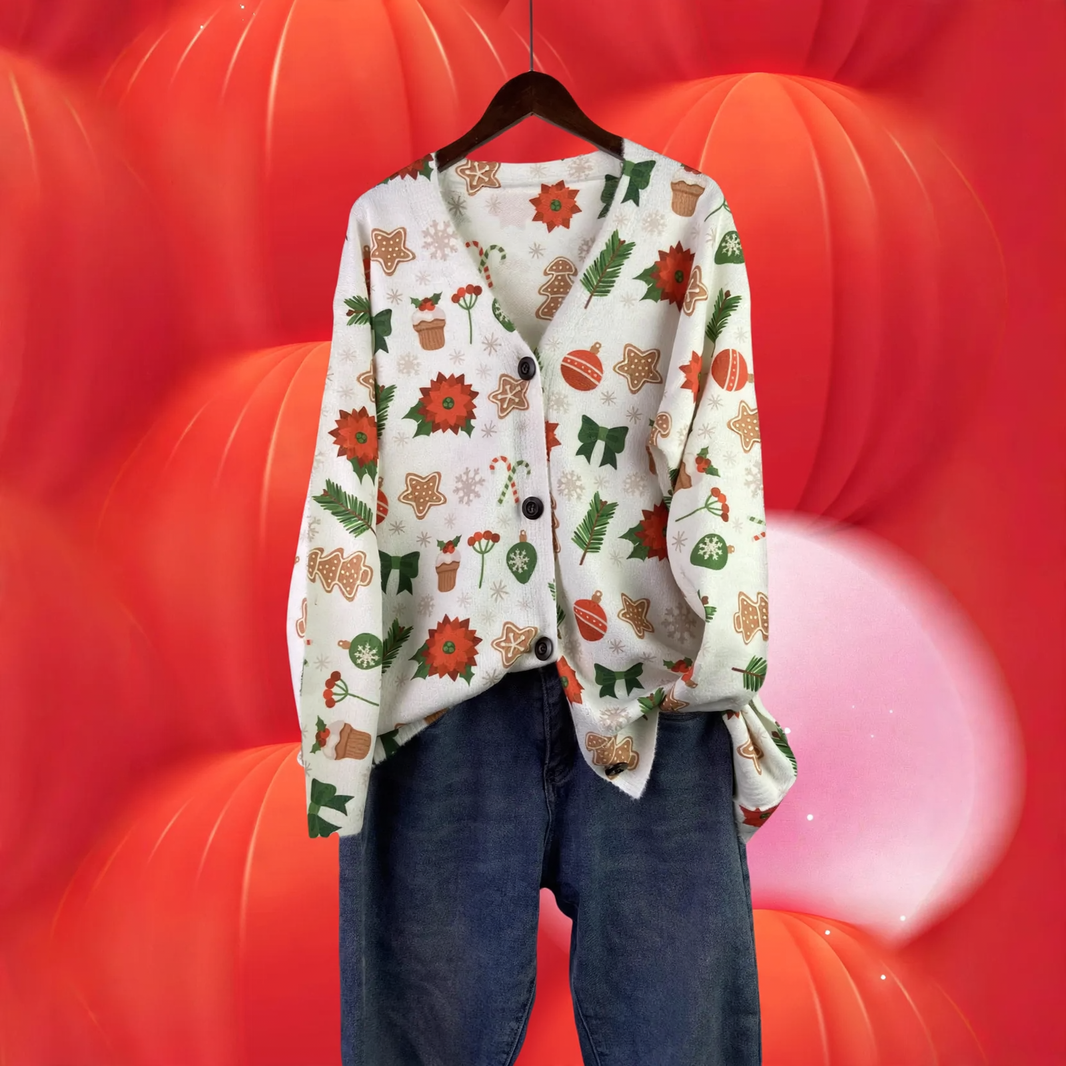 Festive cardigan with Christmas motifs, V neck