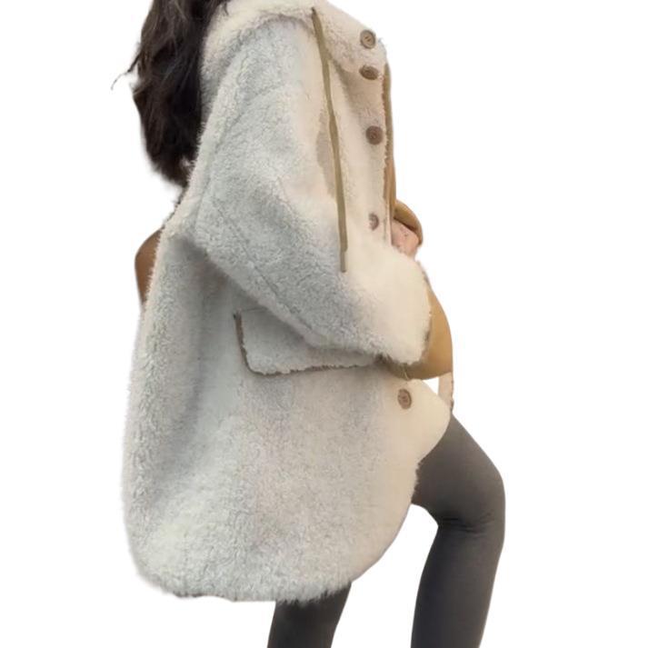 Mid-length lamb fleece coat with hood and contrasting colors