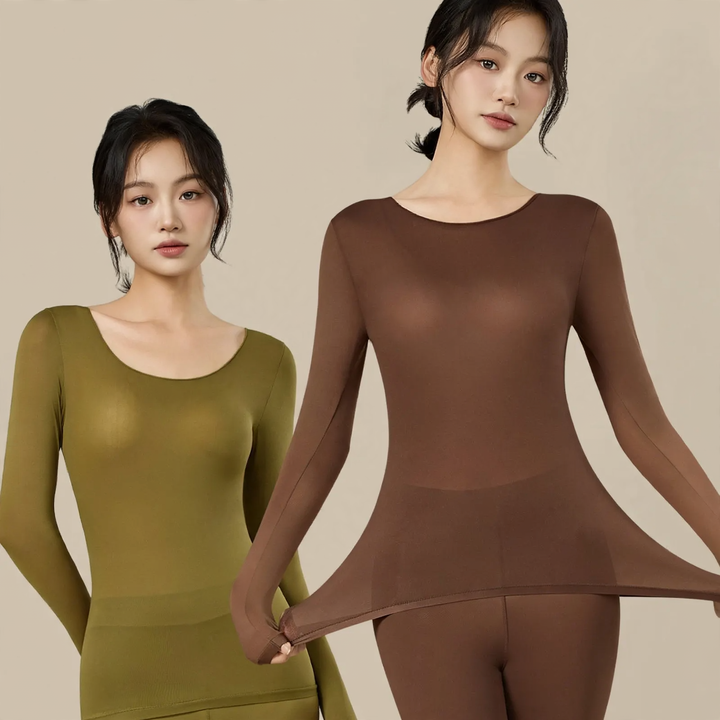 Women's thermal underwear, elastic, solid color, round neck