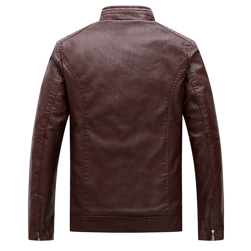 Men's Slim-Fit Faux Leather Biker Jacket with Stand-Up Collar and Zipper Pockets Chichicherry