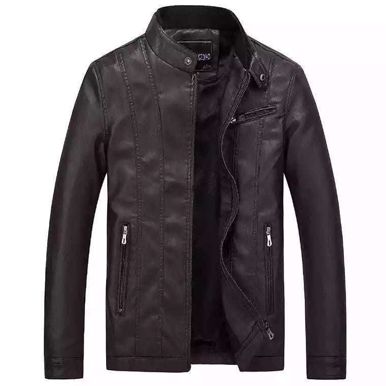 Men's Modern Slim-Fit Leather Look Blouson with Stand-Up Collar and Chest Zip Pocket Chichicherry