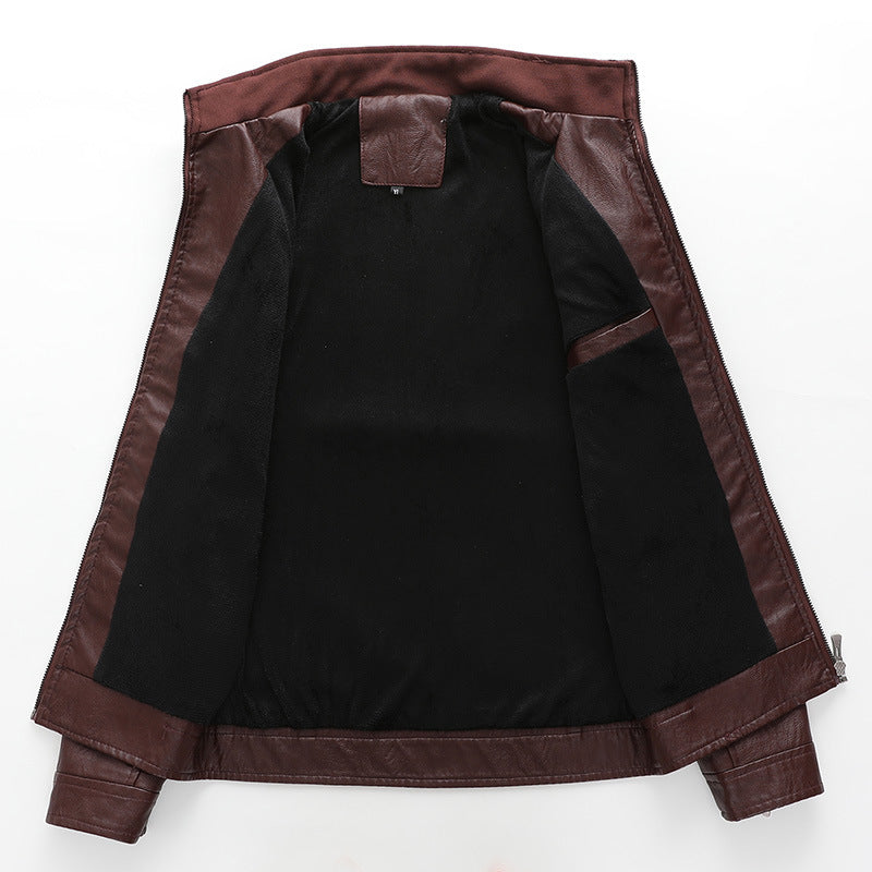 Men's Slim-Fit Faux Leather Biker Jacket with Stand-Up Collar and Zipper Pockets Chichicherry