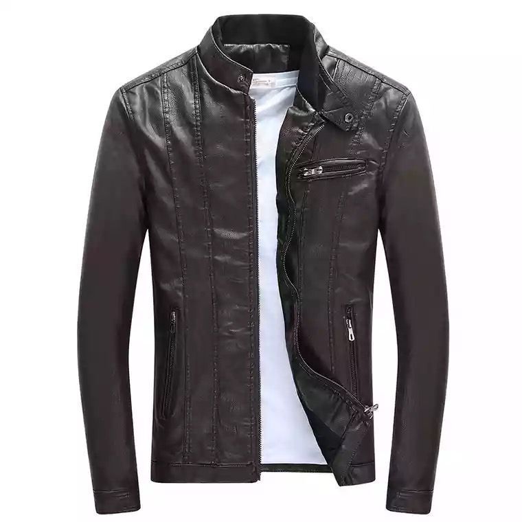 Men's Modern Slim-Fit Leather Look Blouson with Stand-Up Collar and Chest Zip Pocket Chichicherry