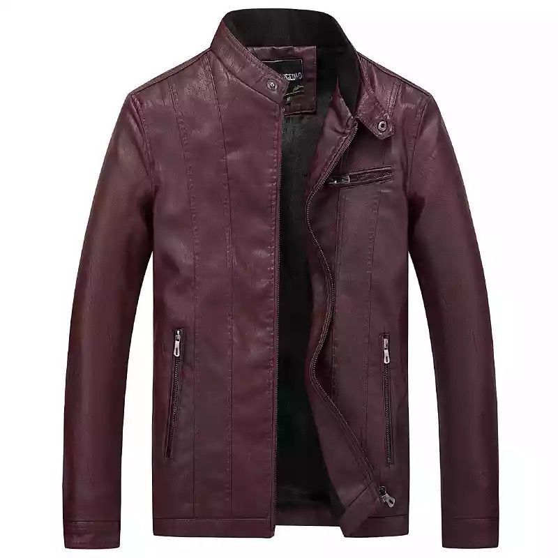 Men's Modern Slim-Fit Leather Look Blouson with Stand-Up Collar and Chest Zip Pocket Chichicherry