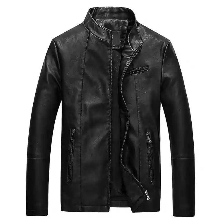 Men's Slim-Fit Faux Leather Biker Jacket with Stand Collar and Zipper Chichicherry