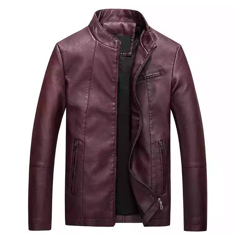 Men's Slim-Fit Faux Leather Biker Jacket with Stand Collar and Zipper Chichicherry