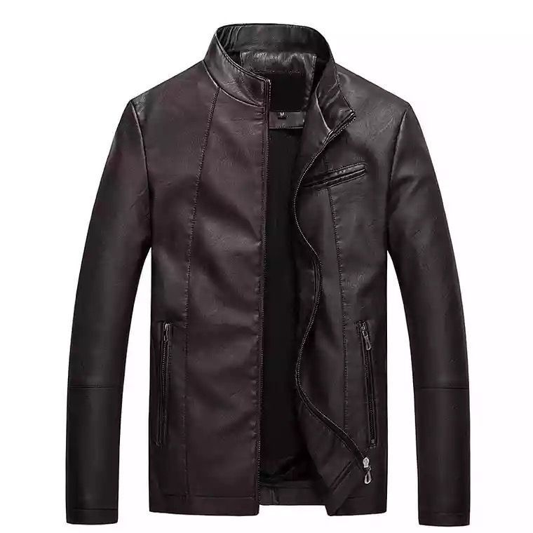 Men's Slim-Fit Faux Leather Biker Jacket with Stand Collar and Zipper Chichicherry