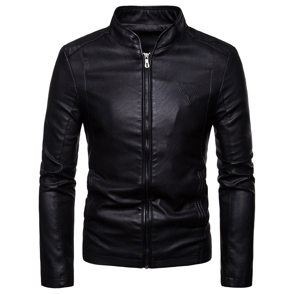 Men's fitted faux leather flight jacket with stand-up collar, decorative seams, and concealed zipper