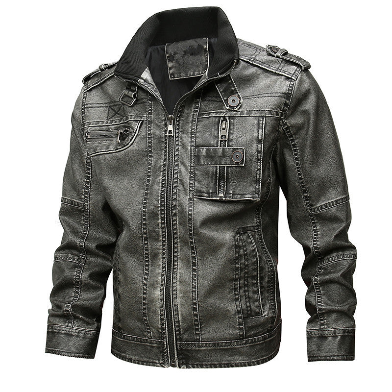 Men's vintage-inspired biker jacket in leather look with utility pockets and stand-up collar Chichicherry