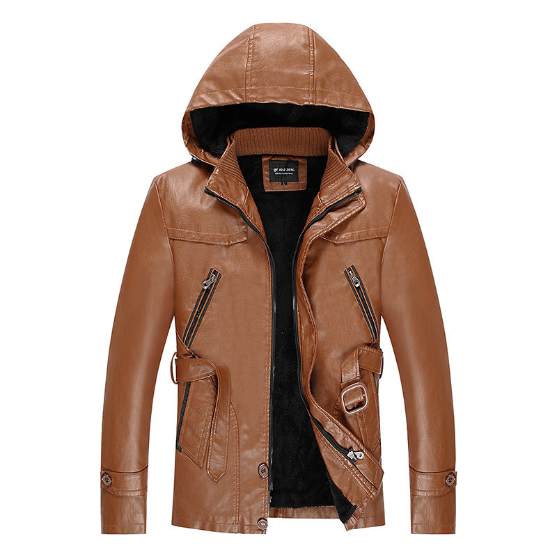 Men's leather jacket with hood and teddy lining, multifunctional utility biker jacket Chichicherry