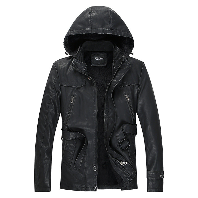 Men's leather jacket with hood and teddy lining, multifunctional utility biker jacket Chichicherry