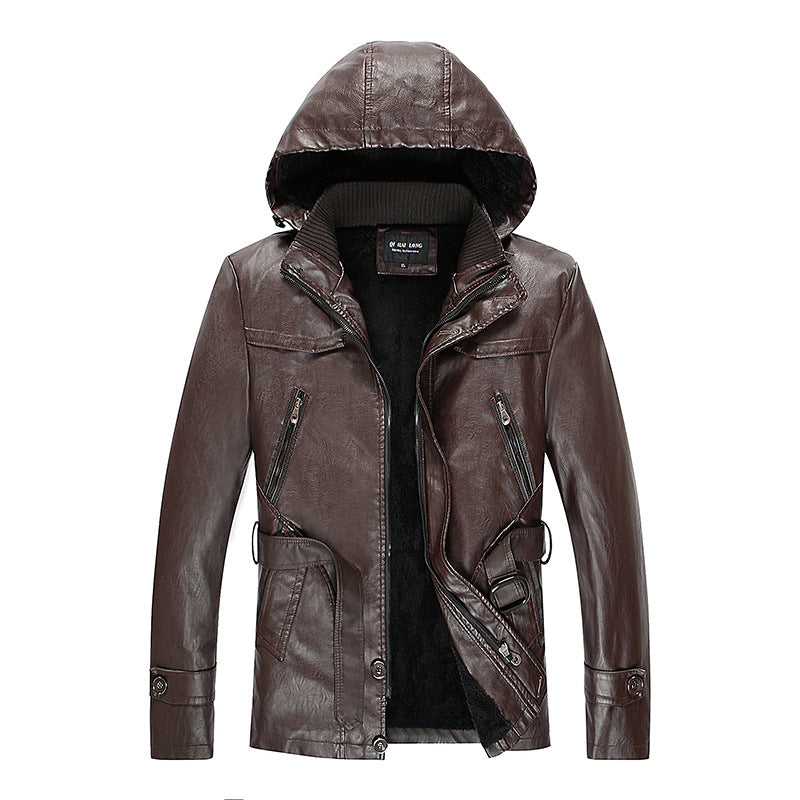 Men's leather jacket with hood and teddy lining, multifunctional utility biker jacket Chichicherry