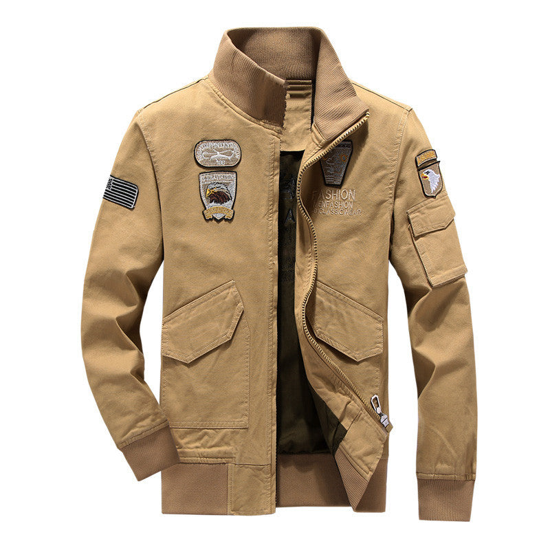 Men's Military Inspired Field Jacket with Emblem Patches and Stand-up Collar Chichicherry