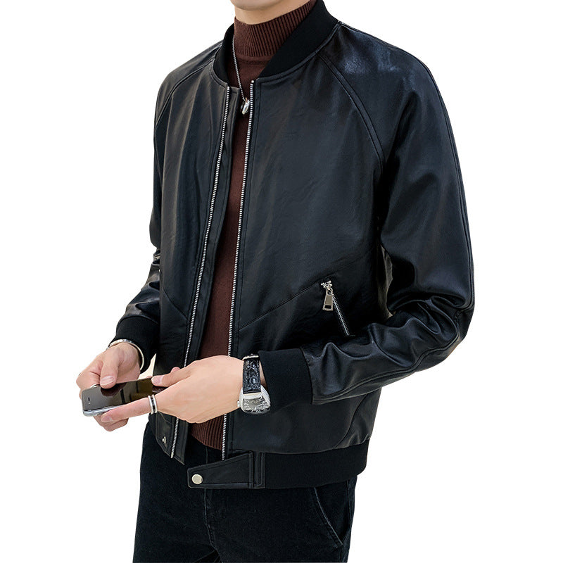 Men's Slim-Fit Faux Leather Bomber Jacket with Asymmetrical Seam Design, Diagonal Zipper Pocket Detail, and Ribbed Cuffs Chichicherry