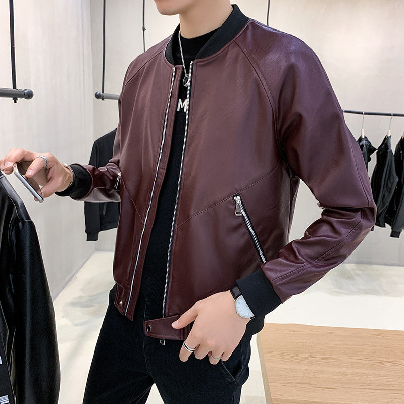 Men's Slim-Fit Faux Leather Bomber Jacket with Asymmetrical Seam Design, Diagonal Zipper Pocket Detail, and Ribbed Cuffs Chichicherry