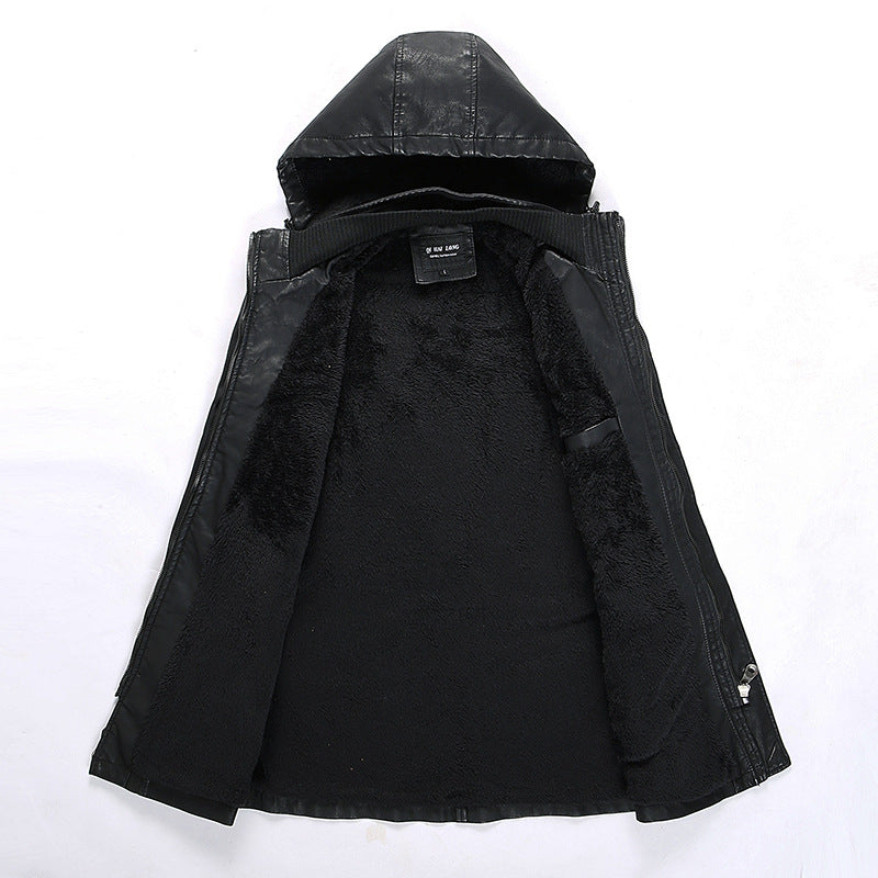 Men's leather jacket with hood and teddy lining, multifunctional utility biker jacket Chichicherry