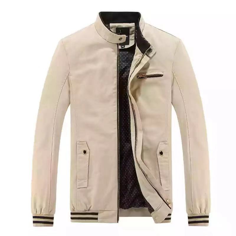 Men's modern bomber-style transitional jacket with stand-up collar, striped ribbed cuffs, and dot lining Chichicherry