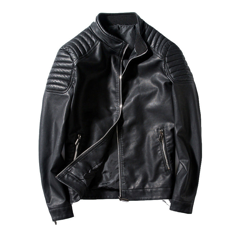 Men's Slim-Fit Faux Leather Motorcycle Jacket with Quilted Shoulders and Stand Collar Chichicherry