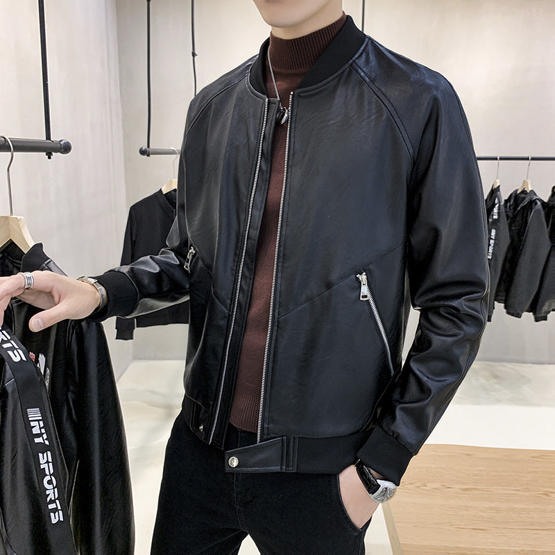 Men's Slim-Fit Faux Leather Bomber Jacket with Asymmetrical Seam Design, Diagonal Zipper Pocket Detail, and Ribbed Cuffs Chichicherry