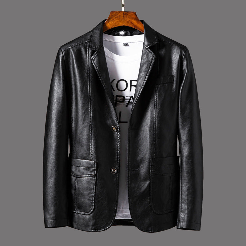 Men's faux leather blazer-style jacket with decorative stitching and patch pockets Chichicherry