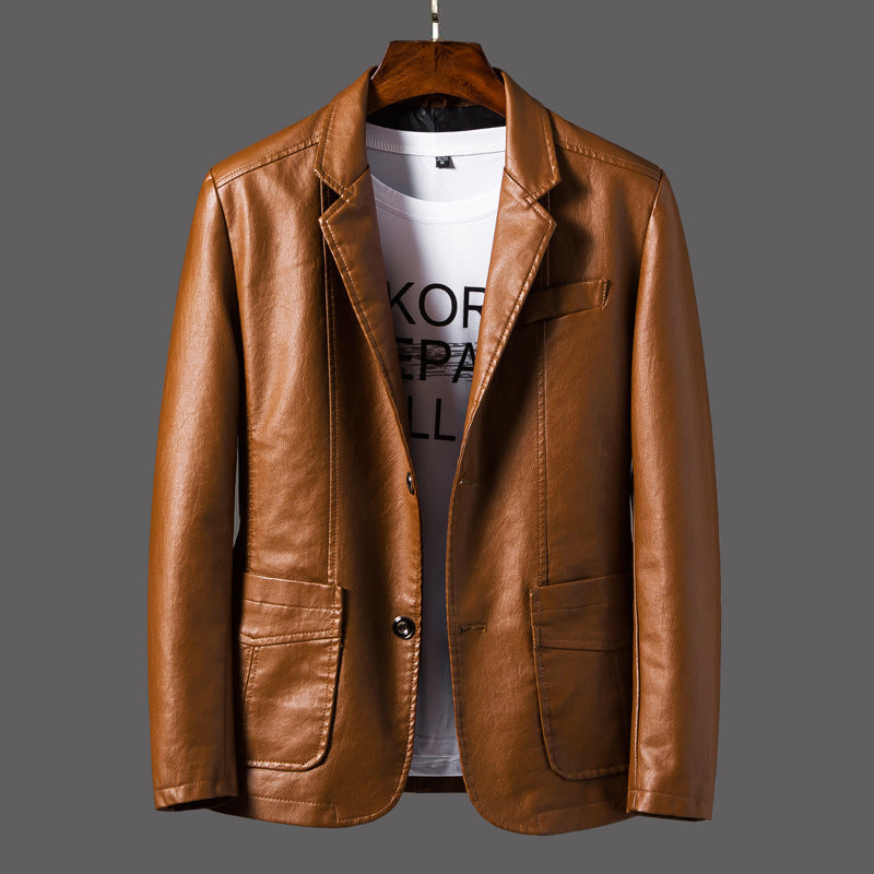 Men's faux leather blazer-style jacket with decorative stitching and patch pockets Chichicherry